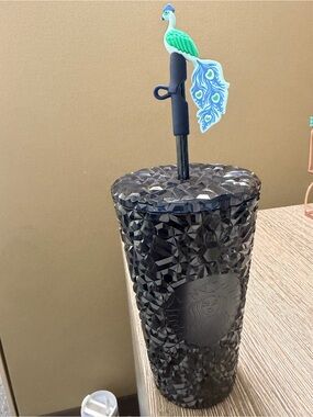 Starbucks Black Faceted Tumbler with Peacock Straw Charm